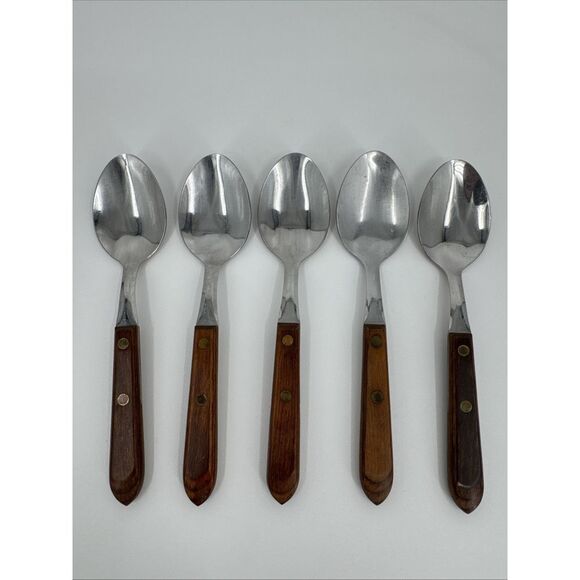Set of 5 Washington Forge Town & Country 7" Soup Spoons Wooden Handles USA‎ Made - Picture 1 of 6